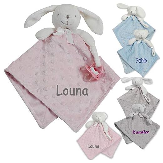 Doudou attache sucette personnalisé avec le prénom de bébé, LAPIN, OURS, CHIEN en velours doux, pour un cadeau de naissance baptême, 30cm, fille garçon, dés la naissance, bleu ciel rose gris