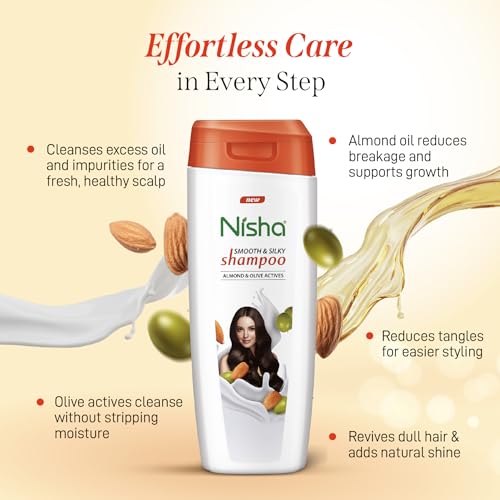 Image of Nisha Almond and Olive Hair Shampoo for Women & Men for Silky, Shiny and Smooth Hair, Reduce Dandruff & Breakage, All Hair Types, 340 ml