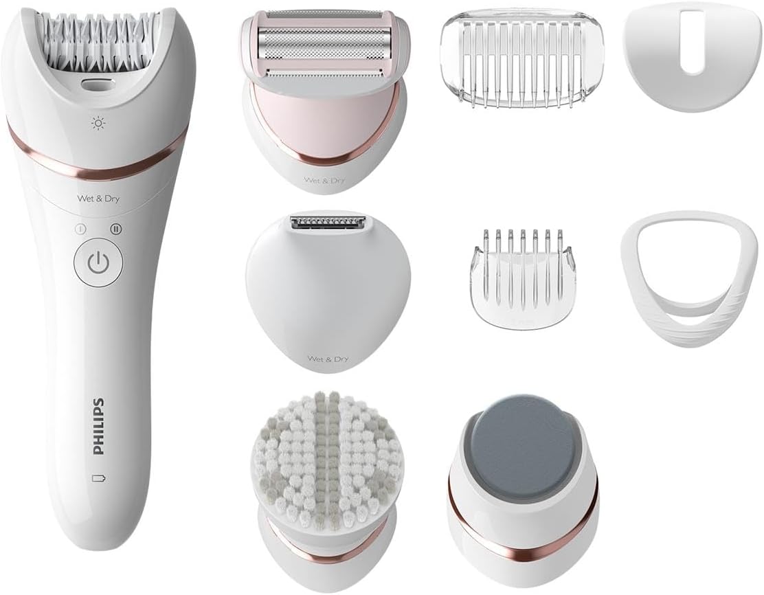 Series 8000 Epilator, Wet And Dry Cordless Hair Removal And Skin Care System, For Legs, Body With 9 Accessories Including Shaver Head And Pedicure Foot File Bre740/11, White