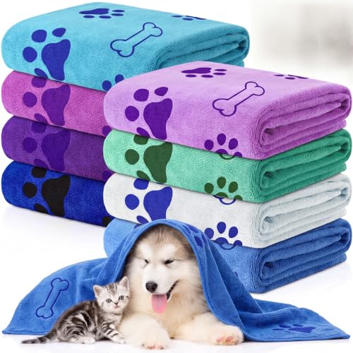 Image of 8 Pcs Dog Towel for Drying, 40 x 24 Inch, Dog Paw and Bone, Classic Color