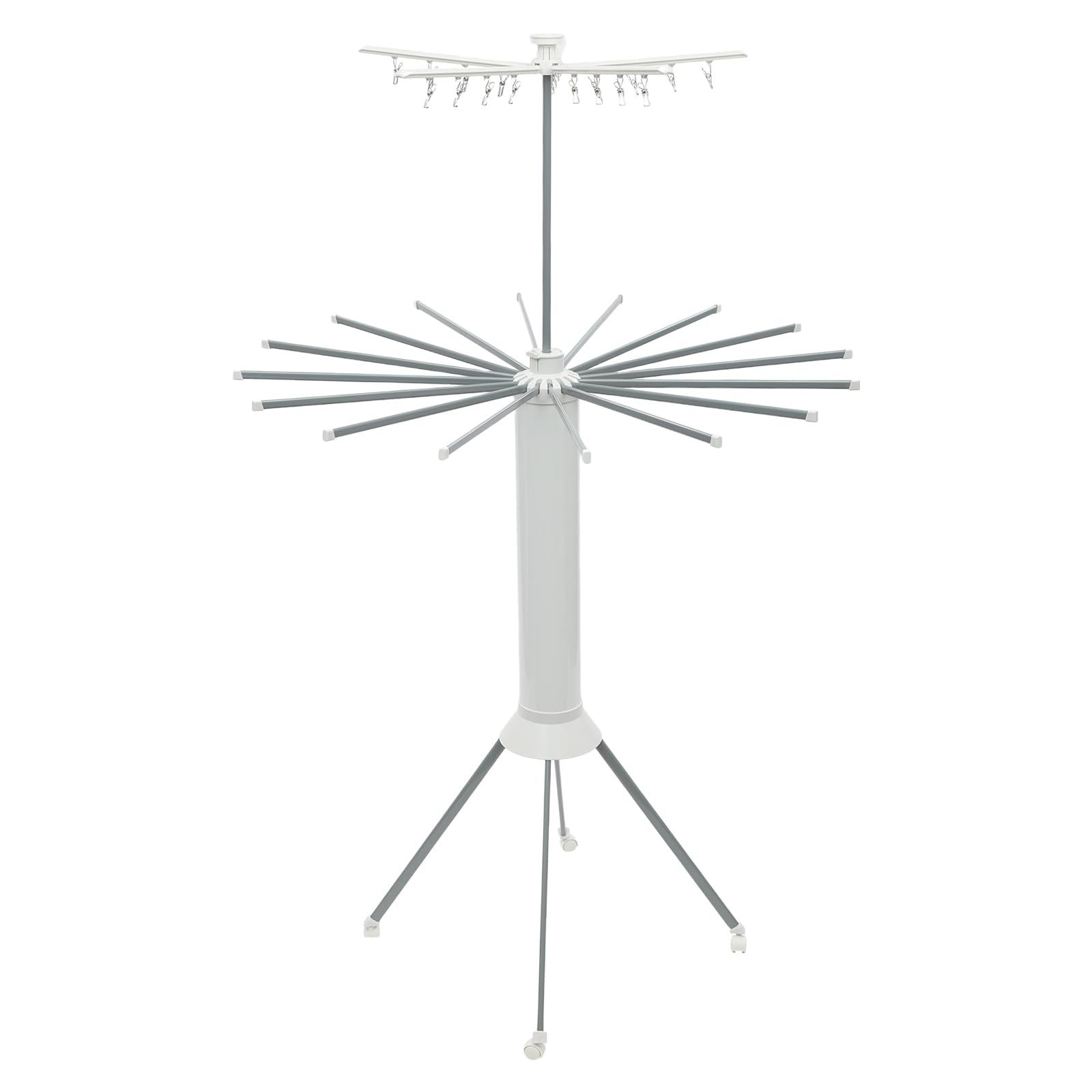 Double-Tier Laundry Drying Rack with 16 Rods and 20 Clips 88lbs Capacity Foldable Clothes Rack with Wheels 68.9" Height for Indoor/Outdoor (White/Silver)