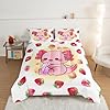 HOSIMA Pink Kawaii Axolotl Bedding Comforter Set for Kids,Cartoon Strawberry Milk Tea Print Comforter Set Bedroom Decoration Twin Size for Children Girl with 2 Pillowcases. #4