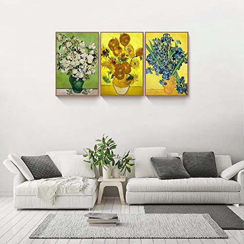Full House Framed Canvas Wall Art Of Van Gogh Oil Paintings - Roses & Sunflowers & Irises - Impressionism Aesthetic Canvas Prints Wall Paintings For Living Room Bedroom Office Home, 3 Panels #TOP3