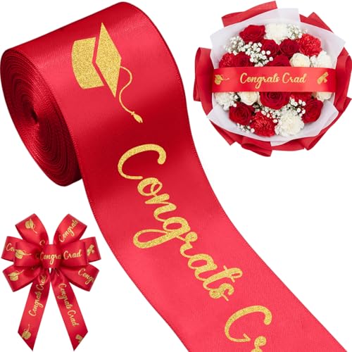 Zeyune 10 Yards Glitter Graduation Ribbon 2 Inch Class of 2026 Red Gold Ribbon Craft Congrats Grad for Flower Bouquet Gift Wrapping Hair Bow Wreath Graduation Party Decoration