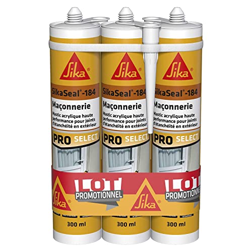 SIKA - Mastic acrylique haute performance - Lot de 3 cartouches SikaSeal-184 Maçonnerie blanc - Réparation de fissures - Joints d’étanchéité - Extérieur et...