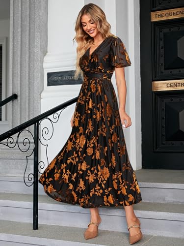 Image of Simplee Women's V Neck Velvet Maxi Dress Short Sleeve Empire Waist Long Formal Dress for Wedding Guest