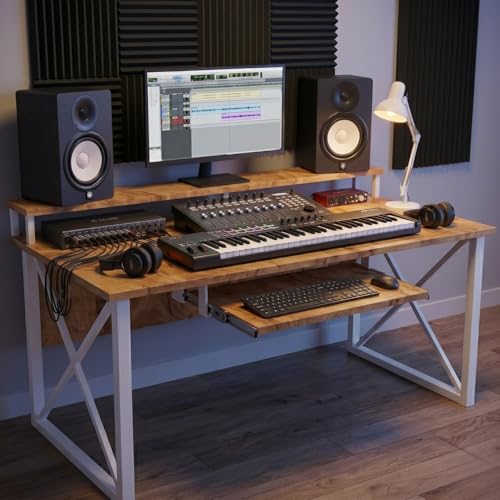 Image of FFO Music Studio Desk | Music Studio Desk with Keyboard Tray | Workstation,Laptop PC Computer, Music Instrument Table for Music Producers | (150L x 60W x 87H CM) | DIY White and Coach Wood