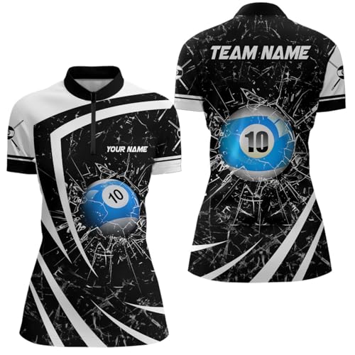 Personalized White Black Glass Break 10 Ball Pool Quarter Zip Shirts for Women Billiard 10 Ball Shirt V1170