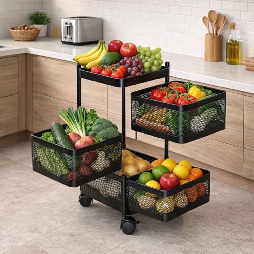 Image of RADIANT 3 Layer Multipurpose Plastic Trolley with Dish Rack for Kitchen Fruit Vegetable Storage Basket Kitchenware Food, Snacks, Toys, Tiered Shelf (Black) (Trolley Square-3 Layer)