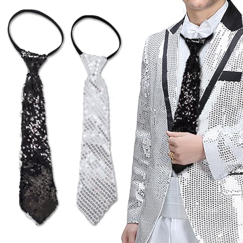 EUPSIIU 2 Pièces Cravate à Paillettes, Noir Argent Cravate avec Élastique, Accessoires à Paillettes pour Homme Femmes, Costume à Paillettes pour Carnaval...