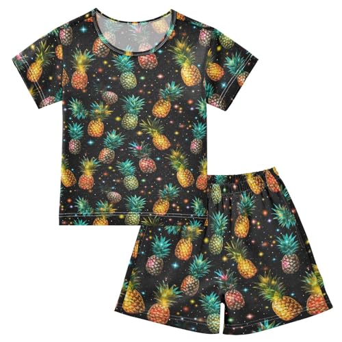ALAZA Pineapples on Dark Background Pajama Set Short Sleeve Sleepwear Soft Lounge Nightwear
