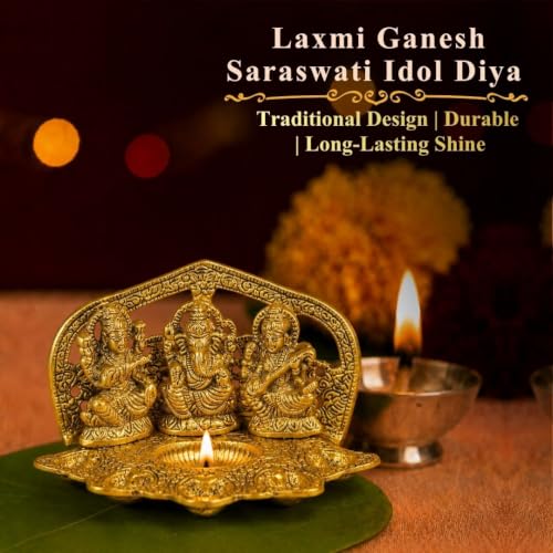 Image of Klassic Laxmi Ganesh Saraswati Idol Diya Oil Lamp | Elegant Metal Puja Deepak for Home Temple, Diwali Puja & Festive Decoration | Traditional Spiritual Showpiece & Gift Item (Pack of 1)