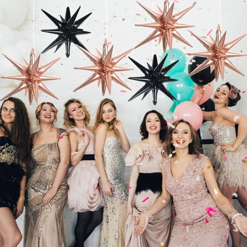 Image of TONIFUL 8 Pcs Explosion Star Foil Balloons Black Rose Gold Party Decoration | 22 Inch Large Mylar Star Balloon for Sweet Gothic Birthdayfor Women Girls, Moody Wedding Bridal Shower Party Decorations
