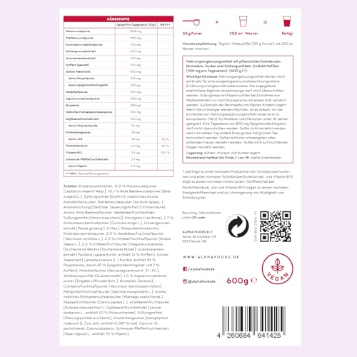 Rote Kraft 2.0 | Energy Elixier 600g | Stoffwechsel & Energie Red Smoothie Pulver | Wurzeln & Beeren: Maca, Kurkuma, Guarana, Rote Beete, Yerba Mate, Acai, Goji Beeren | Vegan Drink Mix | Alpha foods