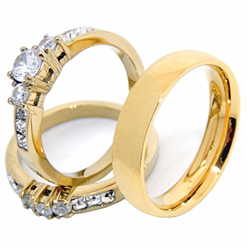 His Hers Couples Rings Set 14K Gold Plated Small Round CZ Wedding Ring set Mens Matching Band - Size W10M9