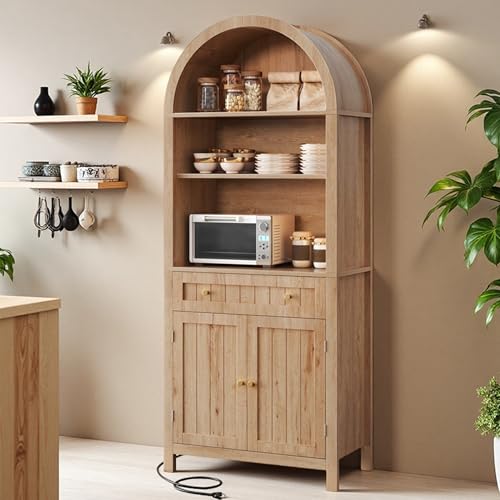 DWVO 73" Arched Kitchen Pantry Cabinet with Charging Station, Farmhouse Kitchen Storage Cupboard with Shelves, Drawer & Door Racks for Dining & Living Room, Wood