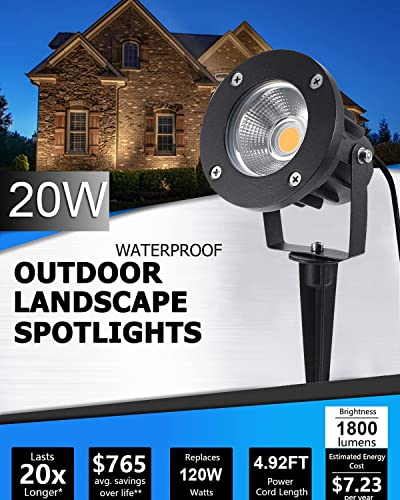 Mocaoire 20W Led Landscape Lighting Outdoor Spotlight 120V Ac Waterproof Yard Spot Lights Outdoor With Stake For Tree Flag Lights 3000K Ultra Warm White Lawn Decorative Lamp With Us 3-Plug In (2 Pack) #TOP1