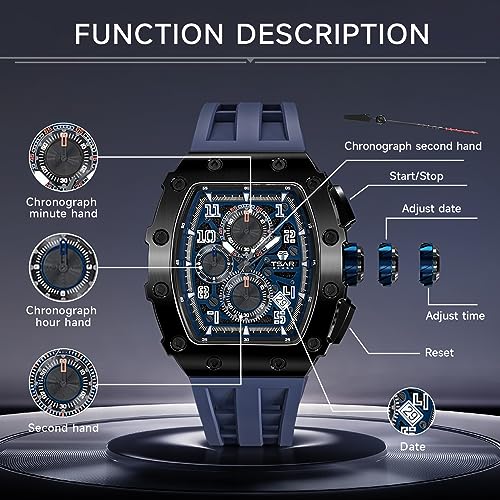 Image of TSAR BOMBA Mens Luxury Watch Watches for Men 50M Waterproof Japanese Quartz Movement Tonneau Stainless Steel Case Sapphire Glass with Chronograph Date Function Cool Unique Fashion Gift