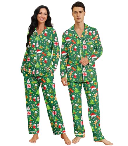 Image of RAISEVERN Couples Christmas Matching Pajamas 2 Piece Women Men Xmas Pjs Soft Pajama Set Long Sleeve Loungewear Warm Sleepwear