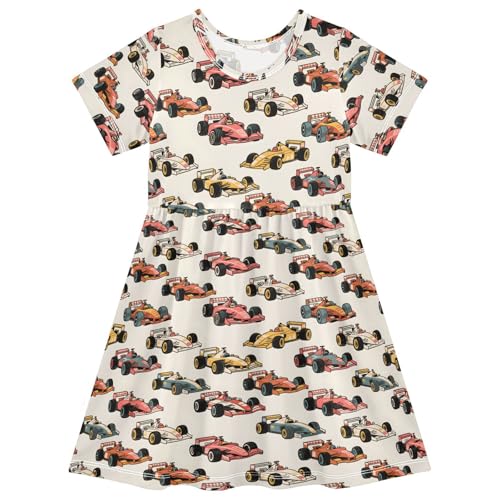 Racing Pattern Girls Dresses Short Sleeve Casual Midi Sundress for Kids