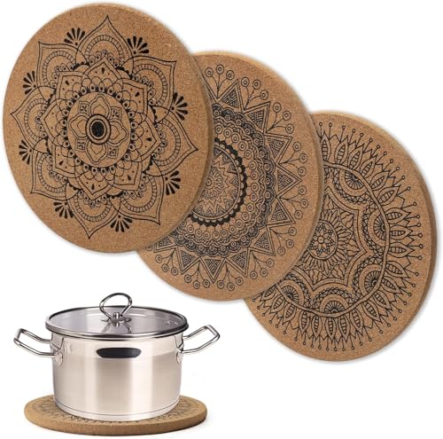 HENGBIRD 2 salvamanteles de corcho con bonitos patrones, 19 cm de diámetro, posavasos de corcho, redondos, resistentes al calor, para ollas, vasos, cuencos y jarrones