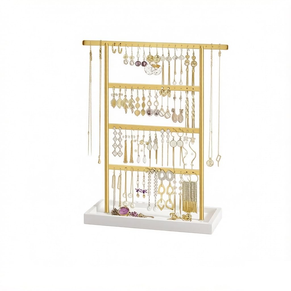 CJHFR472SG Jewelry Organizer Stands 4 - Tier Jewelry Organizer with Wooden Base Earring Necklace Display Stand Jewelry Display Stand(Gold)