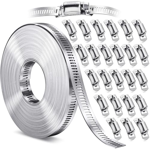 Hose Clamps- Stainless Steel Hose Clamp DIY 50FT Metal Strap + 24 Stronger Fasteners Large Adjustable Worm Gear Clamps for Fuel Line, Plumbing, Automotive, Mechanical, Pipe, Tube,Garden,Duct