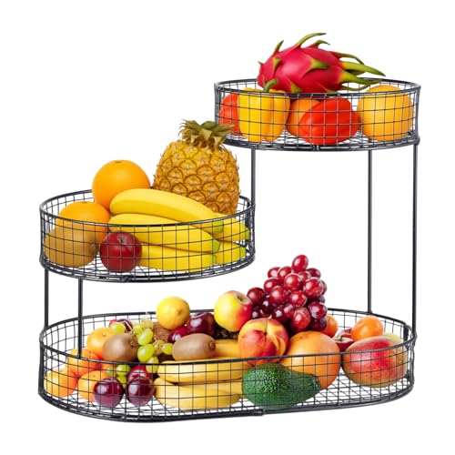 Image of BREEZENEST Metal Fruit Basket 3 Tier Wire Fruit Bowl Stand Space Saving Vertical Storage Rack for Kitchen Counter Heavy Duty Vegetable Holder for Onions Potatoes Bread Snacks Home Décor Black