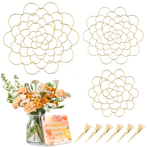 Flower Arranger Holder Floral Arrangement Holder Bouquet Twister Reusable Gold Stainless Steel Round Metal Flower Lid Supplies for Plant Fixation (3 Pieces)