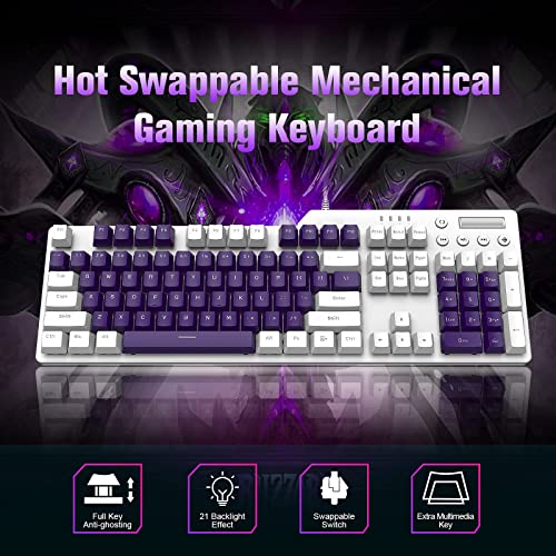Mechanical Gaming Keyboard Hot Swappable With Multi Monochromatic Backlight 104 Key Anti-Ghosting Ergonomic Metal Plate Multimedia Key Usb Wired For Pc Mac Gamer Office Typist(White Purple/Red Switch) #TOP2