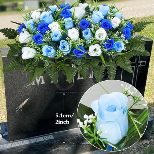 Artificial Cemetery Flowers Saddle, Grave Flowers Rose for Cemetery, Memorial Headstone Flowers Saddle for Grave Tombstone Decorations (1, Blue & White) image 3