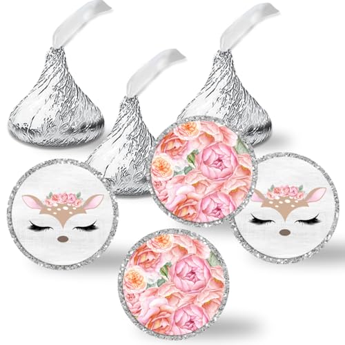 Oh Deer Face Woodland & Watercolor Floral Birthday Kiss Sticker Labels for Kids, 300 Party Circle Sticker sized 0.75” for Chocolate Drop Kisses by AmandaCreation, Great for Party Favors, Treats,