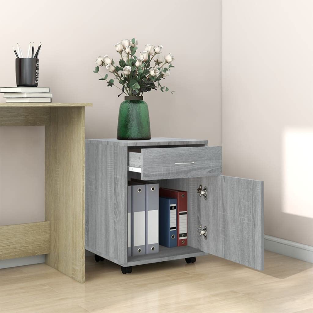 Cassettiera da scrivania con rotelle, colore grigio sonoma, 45 x 38 x 54 cm, mobile in legno con cassetto e scomparto per l'organizzazione di casa e ufficio