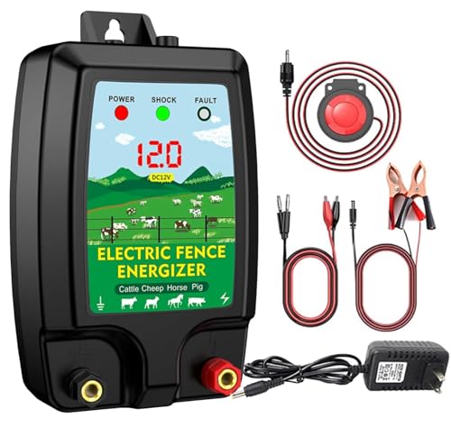 Weidezaungerät 12V mit LED Anzeige, Elektrischer Schäferhund 2J Output für 10 km Reichweite, Wasserdicht Elektrozaungerät für Schutz von Nutztieren, Haustieren, Geflügel, Hausweide, Gärten