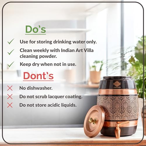 Image of Indian Art Villa Copper Antique Finish Barrel Shaped Water Dispenser with Floral Engraved Design & Brass Tap - 5 Liters, Handcrafted Drinkware & Serveware for Home, Office, and Gifting