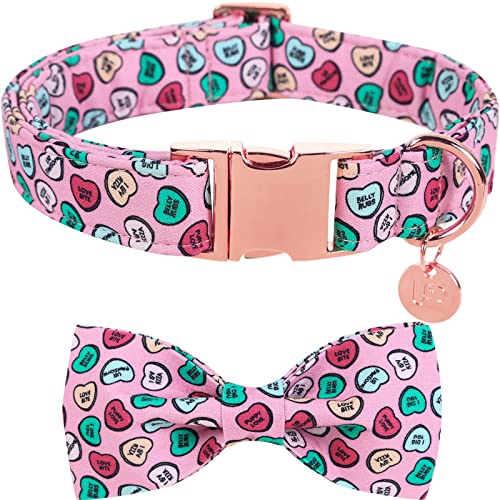UP URARA PUP Valentine’s Dog Collar with Bow Tie, Valentine Bowtie Collar Medium Girl Boy Dog, Valentine’s & Wedding Gift Pet Collar, Cotton Pink Collar with Metal Buckle, M