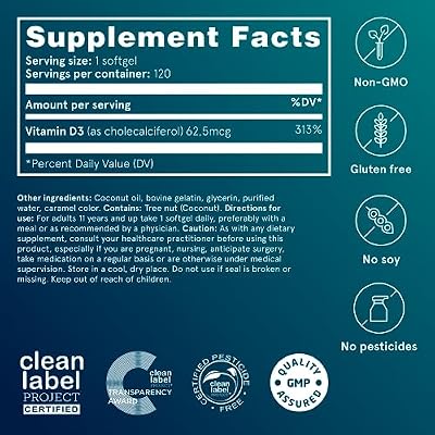 Puori Vitamin D3 Softgels, 2500 IU (62.5 mcg) - Fast Absorbing Vitamin D3 Supplements for Immune System Support, Bone Health & Density and Healthy Muscle Functions - Non-GMO & Gluten-Free - 120 Count