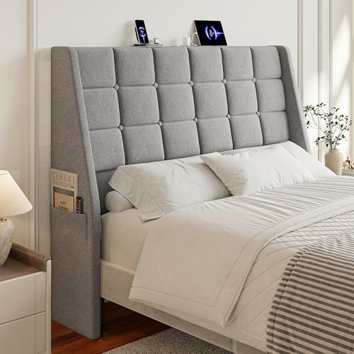 Image of Full Size Headboard with Charging Station, Wingback Ergonomic Headboards | Wingback Upholstered Bed Head Board with Storage Pocket, Sturdy Stable Solid Wood Headboard, Bed Frame Adapters, Light Grey