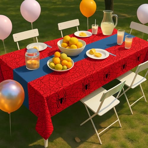 Image of 3-Pack Spider Theme Tablecloths - 54x108 Inch Disposable Plastic Table Covers for Birthday & Halloween Parties, Red & Blue Web Design Decorations for Little Ones, Adults, Indoor /Outdoor Event