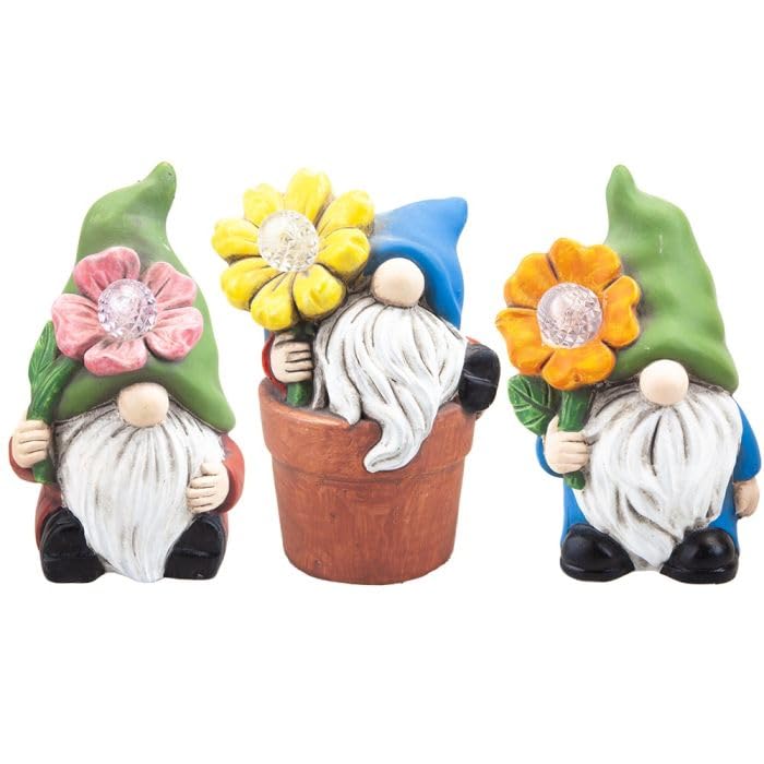 JMS we create smile - 3 x Gonks/Gnomes/Norms Solar Flower light for Garden, Decking, Patio, Window Decoration