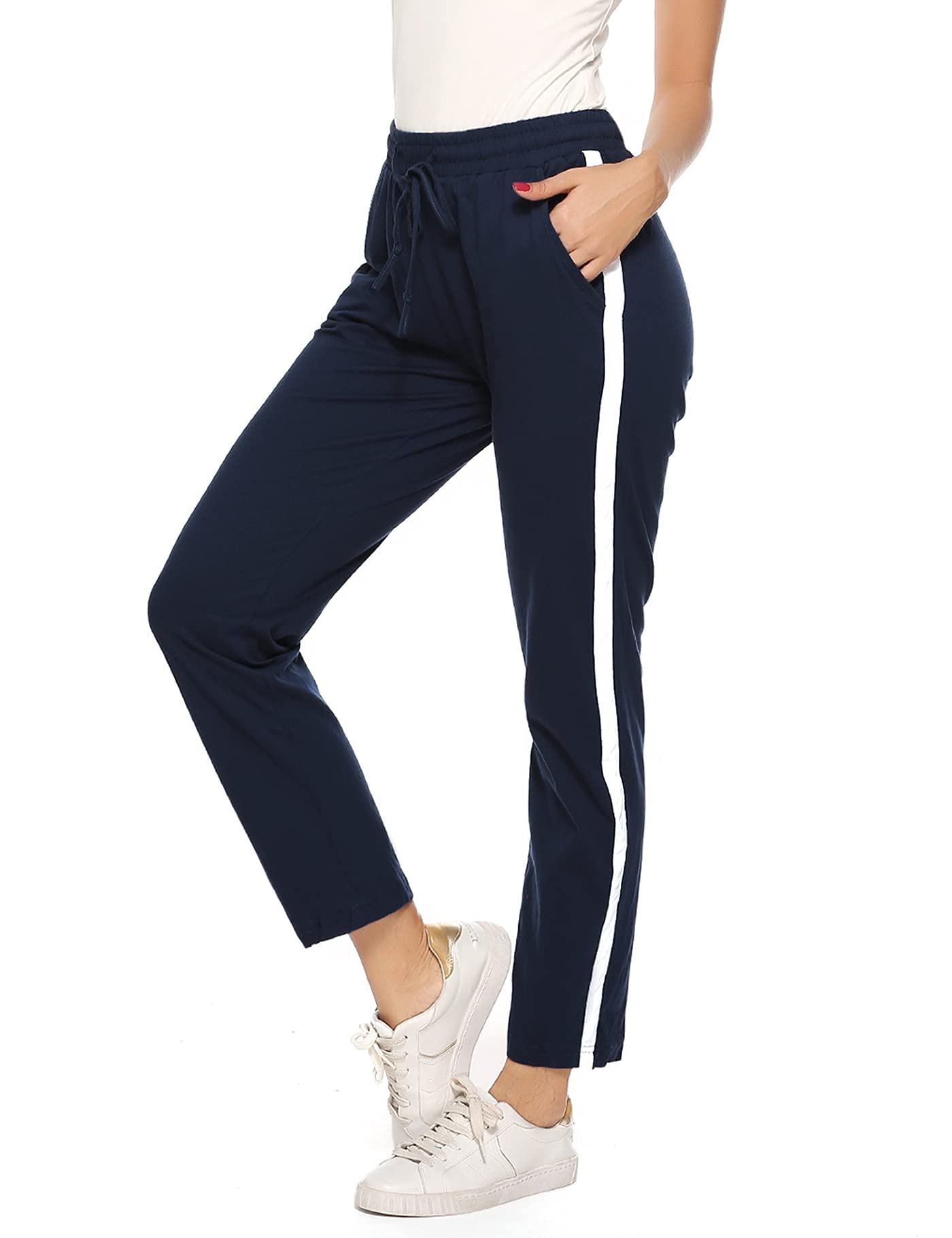 Aseniza Jogginghose Damen Sporthose Lang Baumwolle Trainingshose Sweathose High Waist mit Streifen für Sport Yoga Gym
