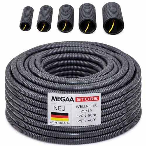 Megaa store Flexibles Leerrohr Wellrohr mit/ohne Zugdraht 320N M16 M20 M25 M32 M40 Kabelschutz UV-Beständigkeit für den Innen- und Außeneinsatz (Ø 19 mm innen/Ø 25 mm außen / 25m mit Zugdraht)