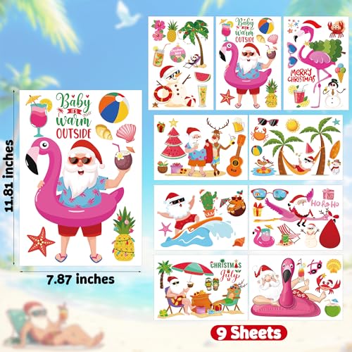 Image of Christmas July Window Clings, 9 Sheets Summer Christmas Window Clings, Tropical Santa Claus Decals Decor, Flamingo July Hawaiian Xmas Snowman Stickers Beach Hawaii Summer Party Decorations Supplies
