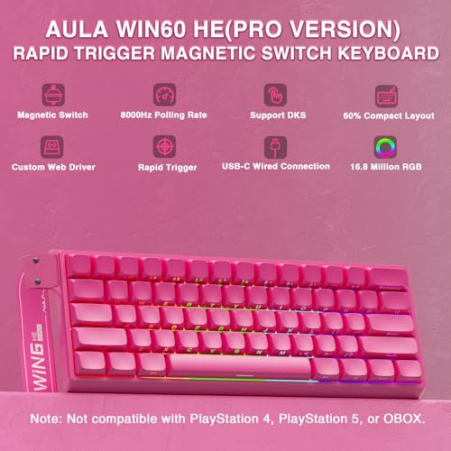 Image of AULA WIN60 HE PRO 60% Mechanical Gaming Keyboard Wired, Magnetic Switch Hot Swappable, Adjustable Actuation Rapid Trigger Mode, 8000Hz Polling Rate, RGB Small Keyboard 60 Percent Compact Design for PC