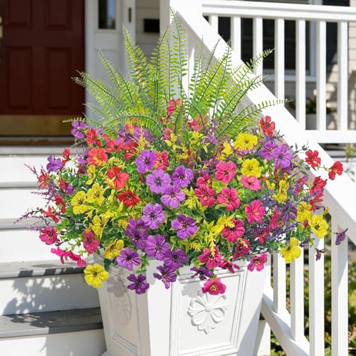 Image of 20 Bundles Artificial Flowers for Outdoors Fake Flowers, Mixed | UV resistant, silk fake flowers with lavender and ferns shrubs, faux plants, outdoor planters porch garden home decorations