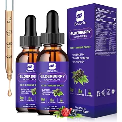 B BEWORTHS 2 Pack Elderberry Syrup, 3000 mg Black Elderberry Drops with Quercetin, Panax Ginseng, Vitamin C and Zinc, Sambucus Elderberry Syrup Liquid for Immune Support, Vegan, Non-GMO & Gluten Free Cover