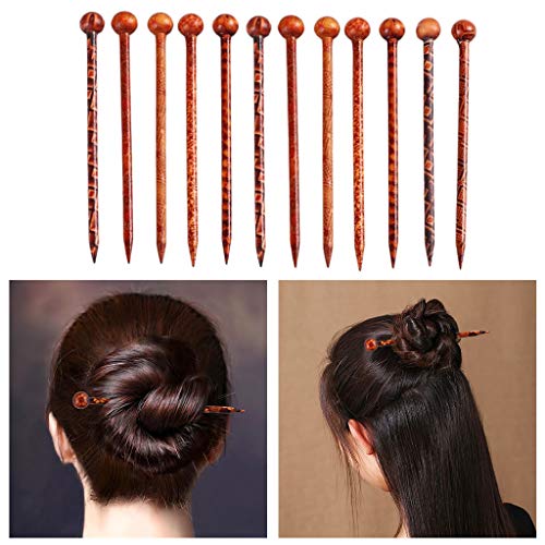 F Fityle 12Pieces Flowers Print Wooden Hair Sticks Natural Sandalwood Hairpin Hair Accessory Hair Chopsticks Japanese for Women Girl - 130mm in Length