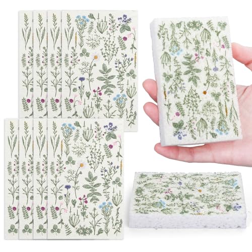 Image of FYSUIMU 8Pcs Wildflower Kitchen Sponges Vintage Floral Pattern Water Absorbing Dish Washing Sponges Non Scratch Cleaning Scrub Sponge for Spring Home Bathroom