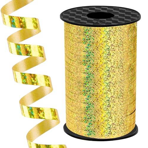 Decoraparty Fita dourada de 5 mm, rolo bobina de laço dourado efeito holográfico para embalagens de presente, decoração, Natal, aniversário, comprimento 225 metros
