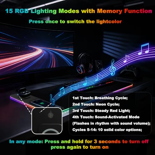 Image of Gaming RGB Mouse Pad Wireless Charging XXL Desk Mat for Keyboard 15w Fast Charger 11 Led Light Modes Non-Slip Large Office Desk Pads on Top of Desks